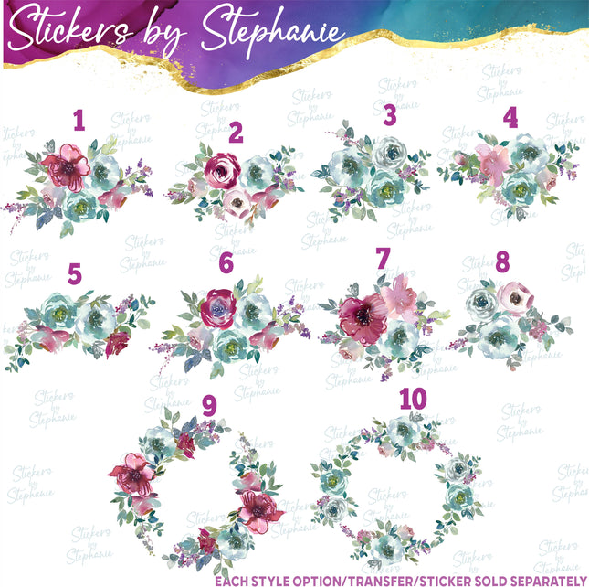 (s02-315) Burgundy Mint Roses Flowers Graphic Iron-On Transfer or Sticker
