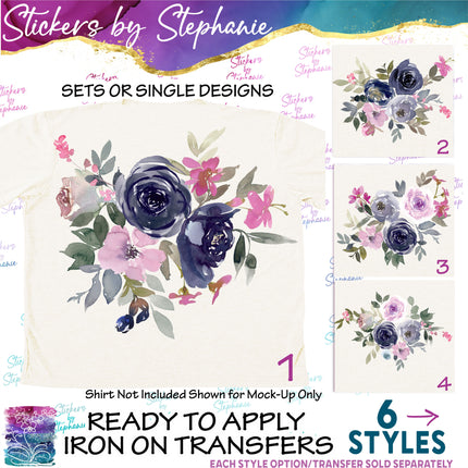 (s02-316) Navy Pink Roses Flowers Graphic Iron-On Transfer or Sticker