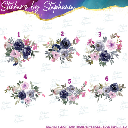 (s02-316) Navy Pink Roses Flowers Graphic Iron-On Transfer or Sticker