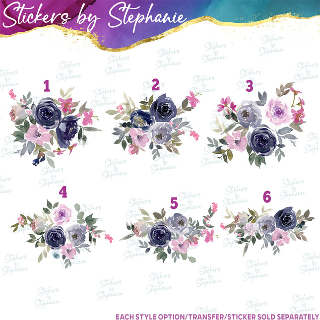 (s02-316) Navy Pink Roses Flowers Graphic Iron-On Transfer or Sticker