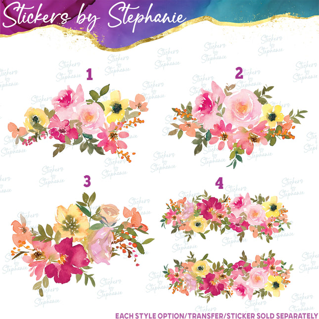 (s02-317) Pink Yellow Orange Flowers Graphic Iron-On Transfer or Sticker