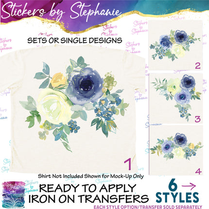 (s02-318) Lemon Yellow Blue Flowers Graphic Iron-On Transfer or Sticker