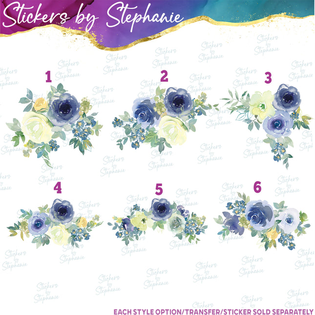 (s02-318) Lemon Yellow Blue Flowers Graphic Iron-On Transfer or Sticker