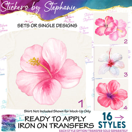 (s02-032) Pink White Hibiscus Flowers Graphic Iron-On Transfer or Sticker