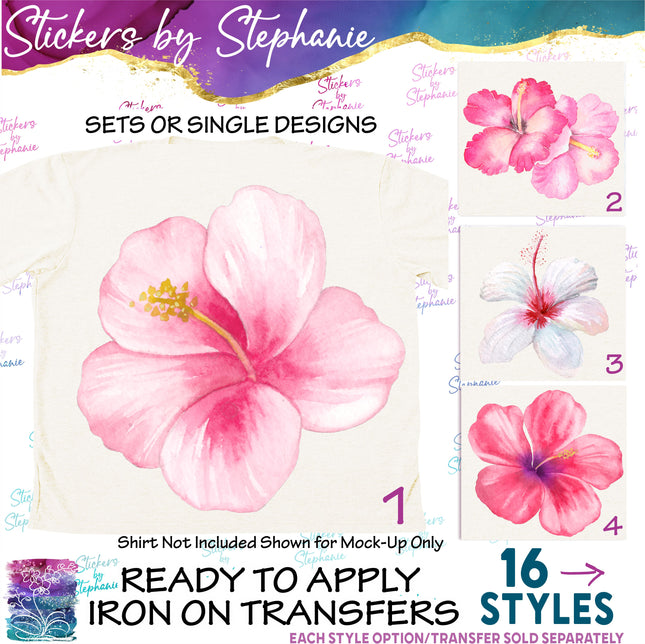 (s02-032) Pink White Hibiscus Flowers Graphic Iron-On Transfer