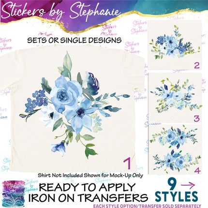 (s02-322) Blue Roses Flowers Graphic Iron-On Transfer or Sticker
