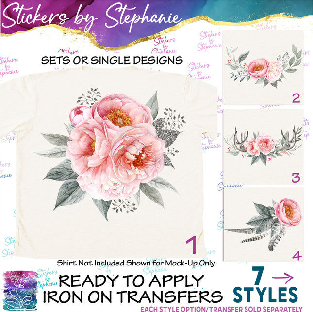 (s02-327) Pink Peony Peonies Flowers Graphic Iron-On Transfer or Sticker