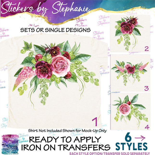 (s02-329) Burgundy Pink Roses Flowers Graphic Iron-On Transfer or Sticker