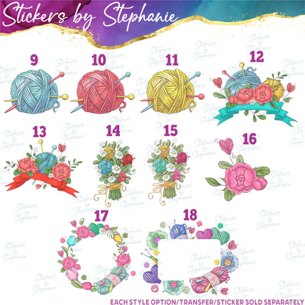 (s02-331) Red Blue Yellow Yarn Crochet Knitting Graphic Iron-On Transfer or Sticker