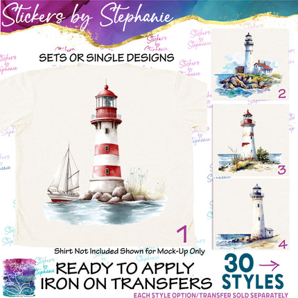 (s02-333) Lighthouse Watercolor Graphic Iron-On Transfer or Sticker