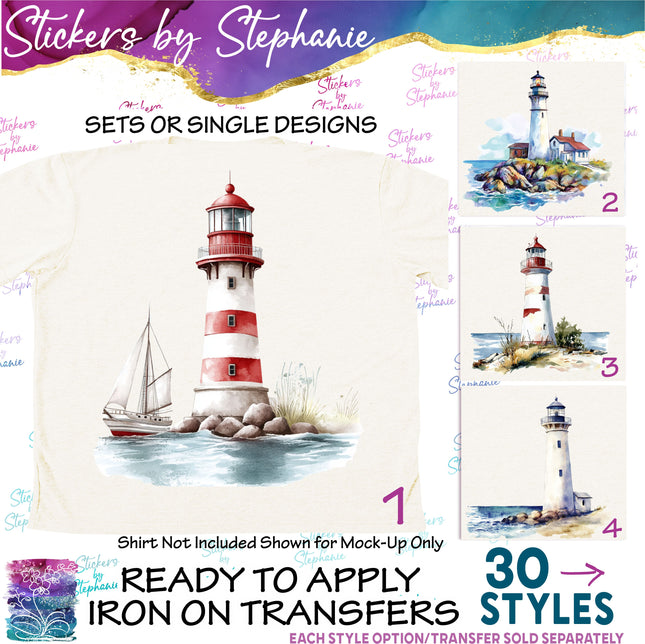 (s02-333) Lighthouse Watercolor Graphic Iron-On Transfer or Sticker