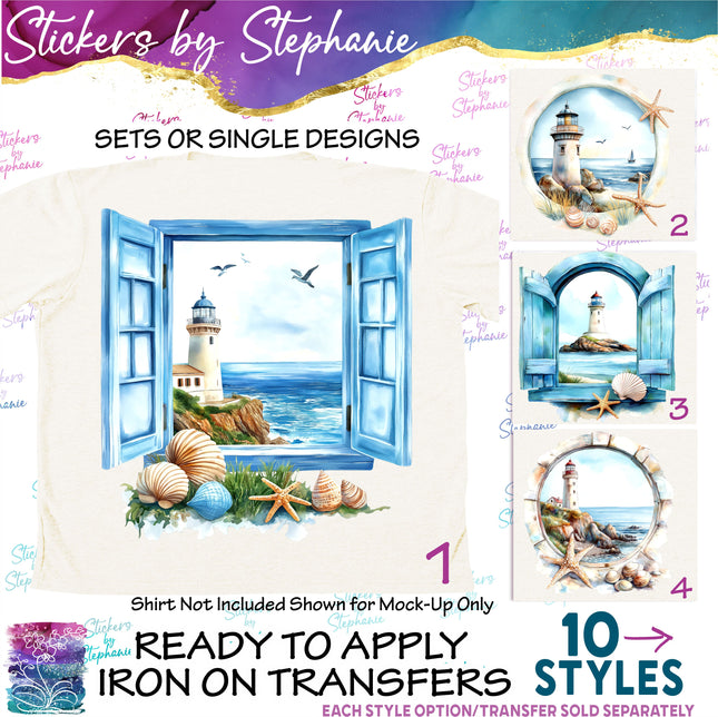 (s02-335) Lighthouse Window View Landscape Graphic Iron-On Transfer or Sticker