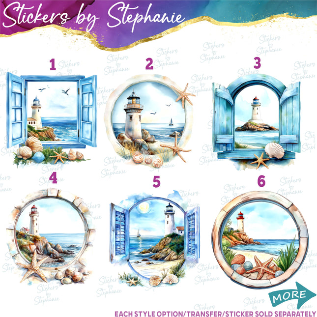 (s02-335) Lighthouse Window View Landscape Graphic Iron-On Transfer or Sticker