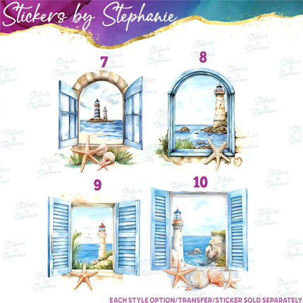 (s02-335) Lighthouse Window View Landscape Graphic Iron-On Transfer or Sticker