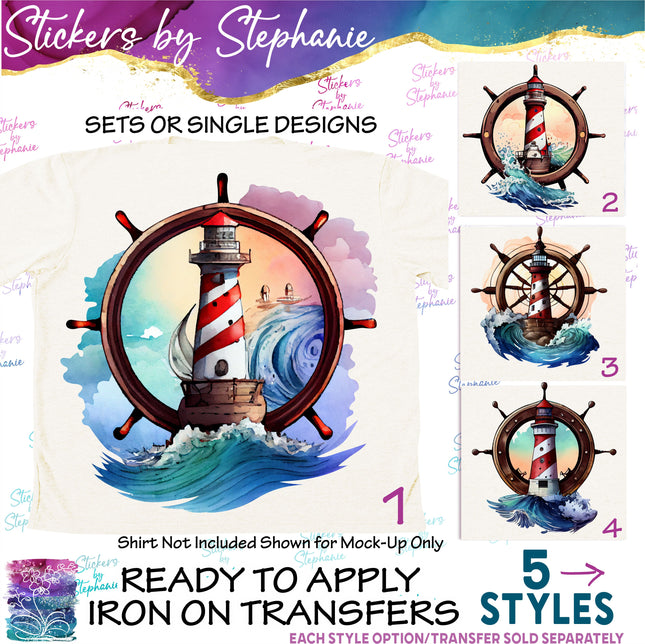 (s02-336) Lighthouse Shipswheel Graphic Iron-On Transfer or Sticker
