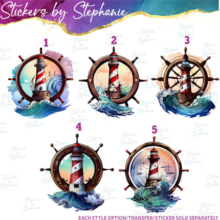 (s02-336) Lighthouse Shipswheel Graphic Iron-On Transfer or Sticker
