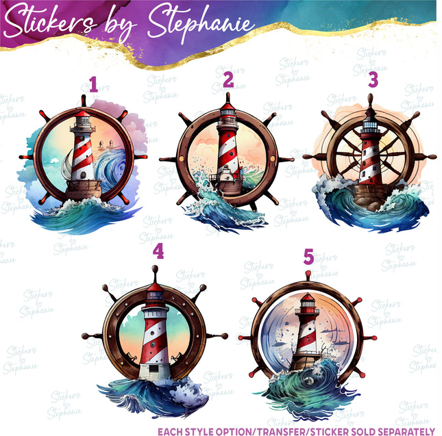 (s02-336) Lighthouse Shipswheel Graphic Iron-On Transfer or Sticker