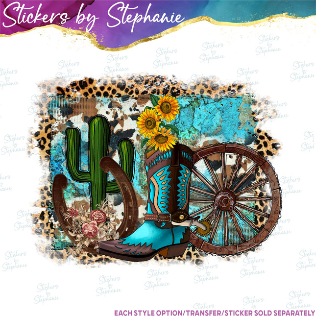 (s02-338) Country Western Turquoise Graphic Iron-On Transfer or Sticker
