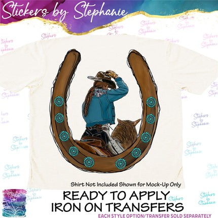 (s02-340) Cowgirl Horse Horseshoe Graphic Iron-On Transfer or Sticker