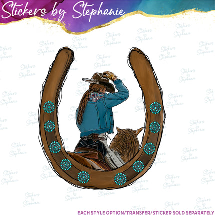 (s02-340) Cowgirl Horse Horseshoe Graphic Iron-On Transfer or Sticker