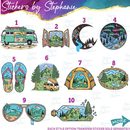 (s02-342) Beach Mountain Camping Illustrated Graphic Iron-On Transfer or Sticker