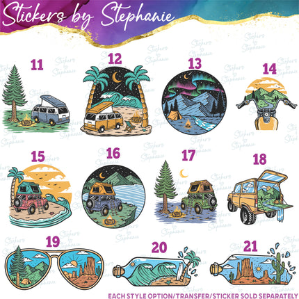 (s02-342) Beach Mountain Camping Illustrated Graphic Iron-On Transfer or Sticker