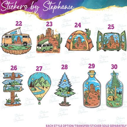 (s02-342) Beach Mountain Camping Illustrated Graphic Iron-On Transfer or Sticker