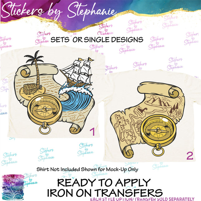 (s02-343) Pirate Ship Treasure Map Compass Graphic Iron-On Transfer or Sticker