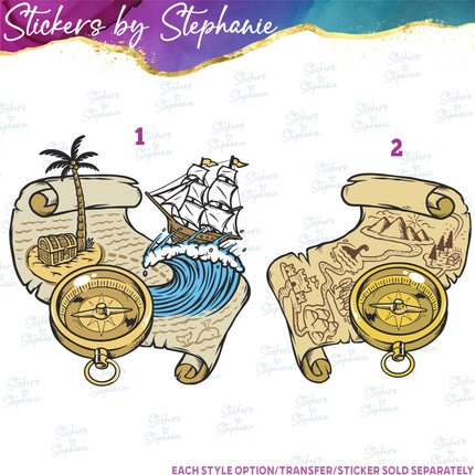 (s02-343) Pirate Ship Treasure Map Compass Graphic Iron-On Transfer or Sticker