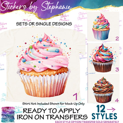 (s02-344) Vanila Chocolate Cupcakes Sprinkles Graphic Iron-On Transfer or Sticker