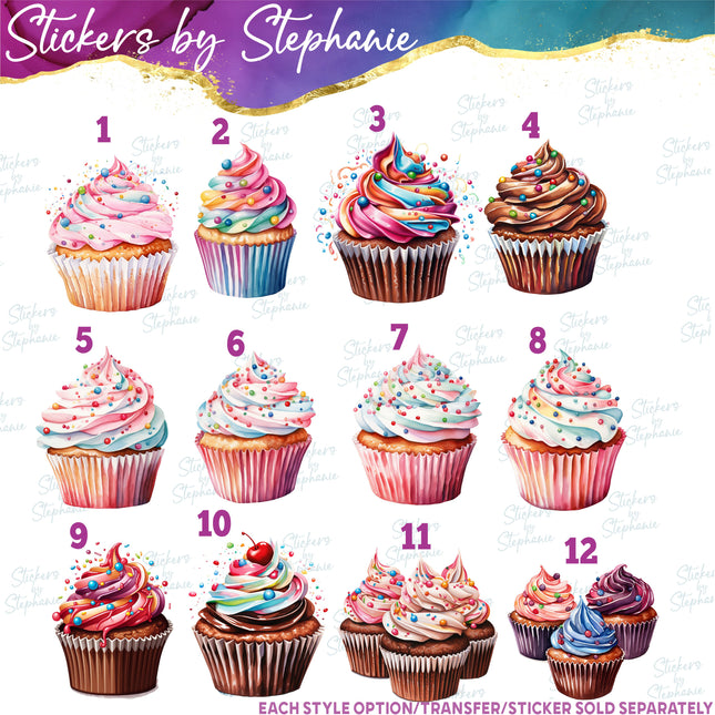 (s02-344) Vanila Chocolate Cupcakes Sprinkles Graphic Iron-On Transfer or Sticker