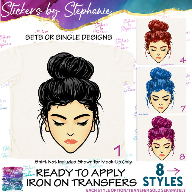 (s02-345) Messy Bun Hair Face Graphic Iron-On Transfer or Sticker
