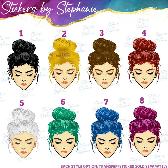 (s02-345) Messy Bun Hair Face Graphic Iron-On Transfer or Sticker