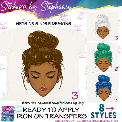 (s02-346) Messy Bun Hair Face African American Graphic Iron-On Transfer or Sticker