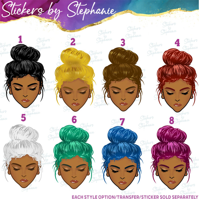(s02-346) Messy Bun Hair Face African American Graphic Iron-On Transfer or Sticker