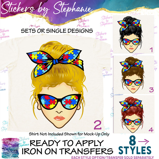 (s02-347) Messy Bun Autism Puzzle Print Sunglasses Graphic Iron-On Transfer or Sticker