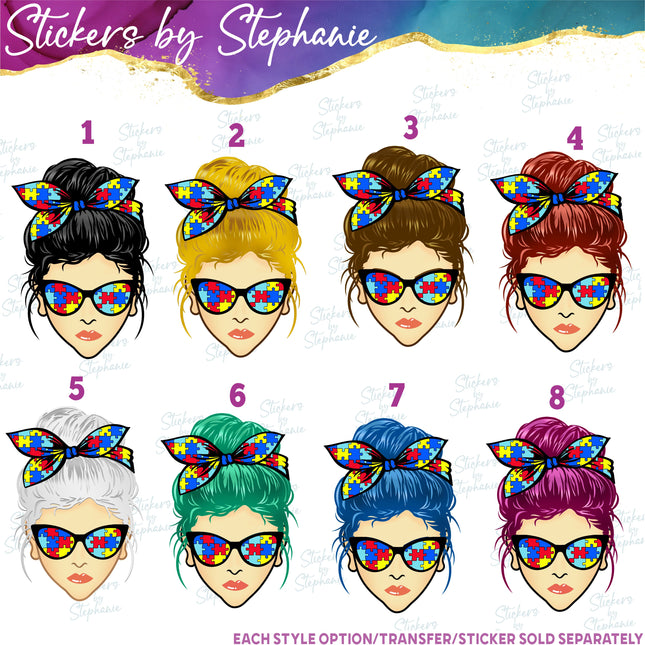 (s02-347) Messy Bun Autism Puzzle Print Sunglasses Graphic Iron-On Transfer or Sticker