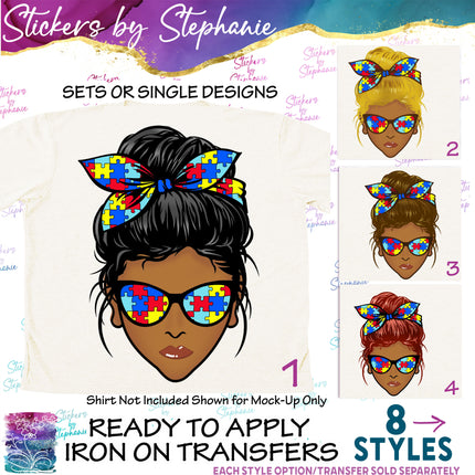 (s02-348) Messy Bun African-American Autism Puzzle Print Sunglasses Graphic Iron-On Transfer or Sticker