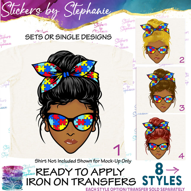 (s02-348) Messy Bun African-American Autism Puzzle Print Sunglasses Graphic Iron-On Transfer or Sticker