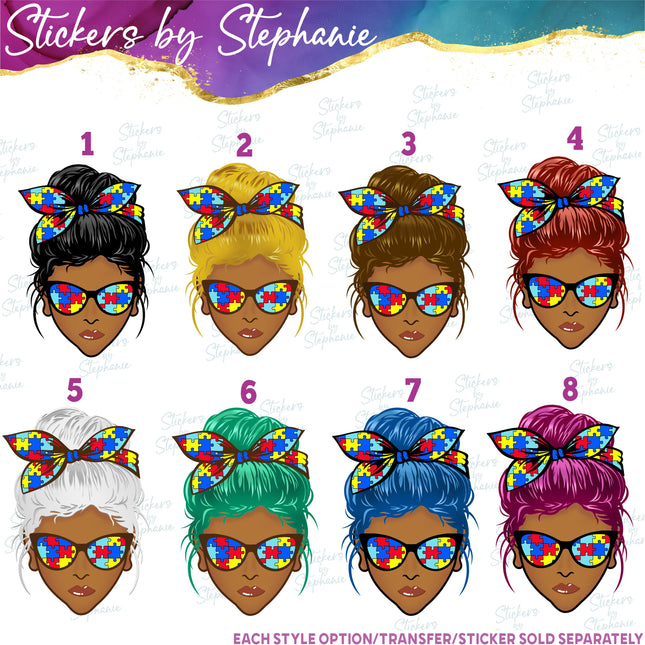 (s02-348) Messy Bun African-American Autism Puzzle Print Sunglasses Graphic Iron-On Transfer or Sticker