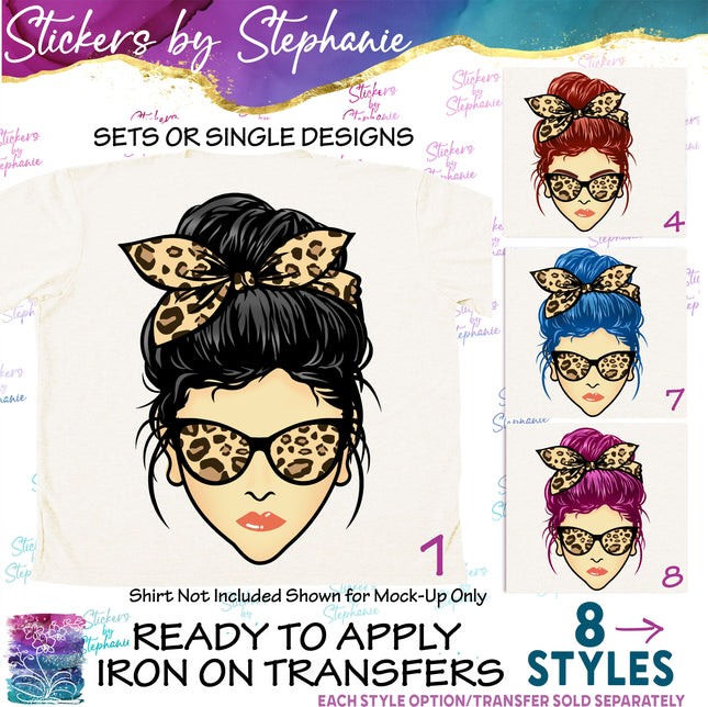 (s02-349) Messy Bun Leopard Print Sunglasses Graphic Iron-On Transfer or Sticker