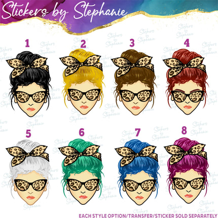 (s02-349) Messy Bun Leopard Print Sunglasses Graphic Iron-On Transfer or Sticker