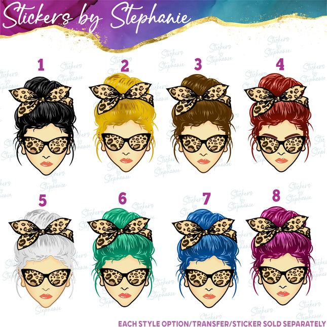 (s02-349) Messy Bun Leopard Print Sunglasses Graphic Iron-On Transfer or Sticker