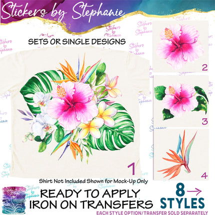 (s02-035) Tropical Flowers Hibiscus Bird of Paradise Graphic Iron-On Transfer or Sticker