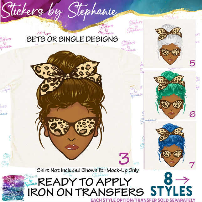 (s02-350) Messy Bun African American Leopard Print Sunglasses Graphic Iron-On Transfer or Sticker