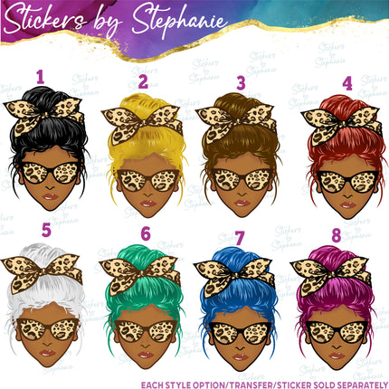 (s02-350) Messy Bun African American Leopard Print Sunglasses Graphic Iron-On Transfer or Sticker