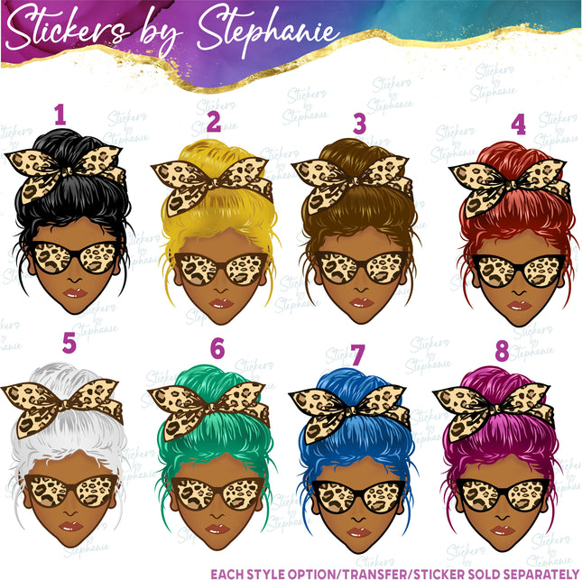 (s02-350) Messy Bun African American Leopard Print Sunglasses Graphic Iron-On Transfer or Sticker