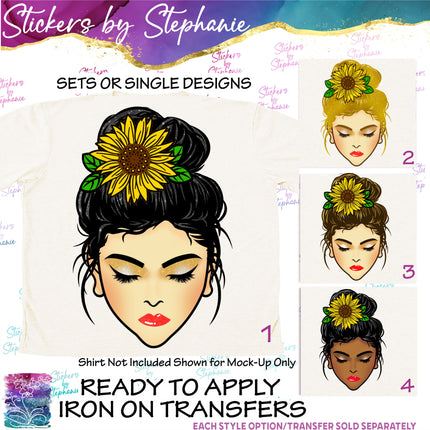 (s02-351) Messy Bun Hair Face Sunflower Graphic Iron-On Transfer