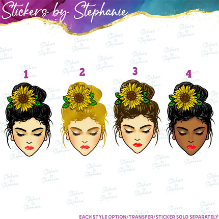 (s02-351) Messy Bun Hair Face Sunflower Graphic Iron-On Transfer