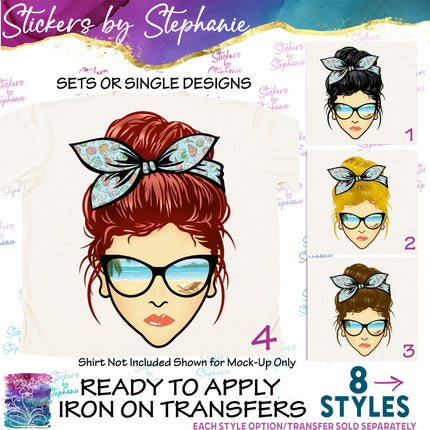 (s02-352) Messy Bun Hair Beach Sunglasses Graphic Iron-On Transfer or Sticker or Sticker